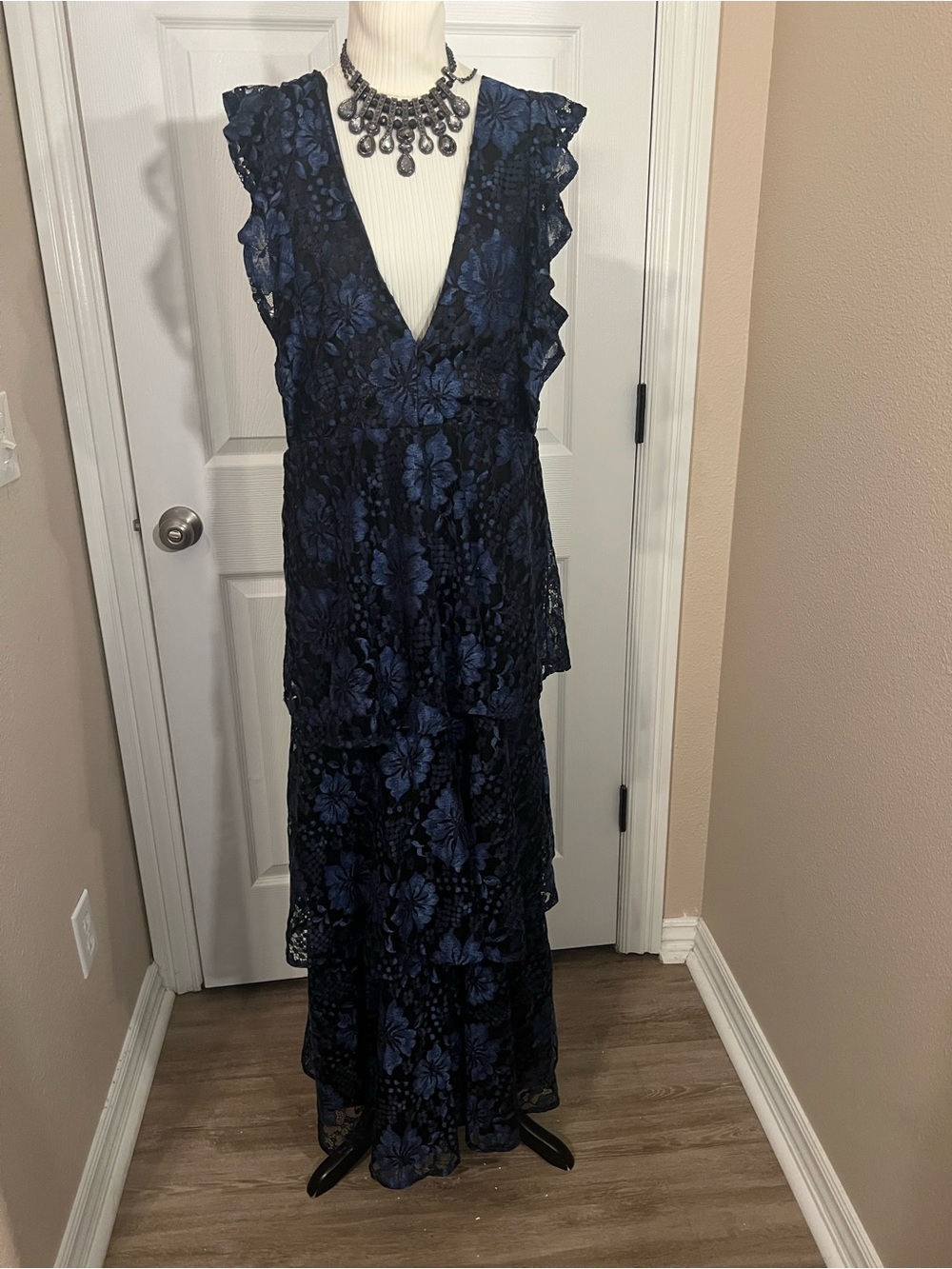Navy Blue Floral Lace Tiered V-Neck Maxi Wedding Guest Cocktail Dress